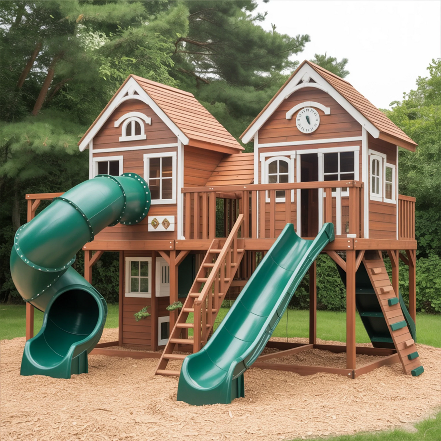 Premium Wooden Swingset with Spiral Tube Slide, Straight Slide, Double Towers & Swings – Outdoor Backyard Playset (22ft x 12ft x 9ft)