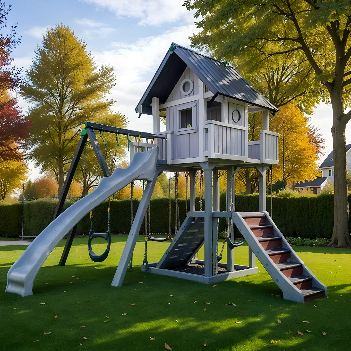 Multi-Activity Swing Set with Slides, Climbing Features & Playhouse for Kids
