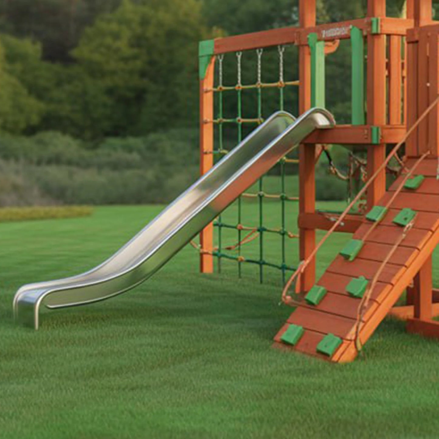 Outdoor Wooden Swingset with Playhouse, Slide & Climbing Wall