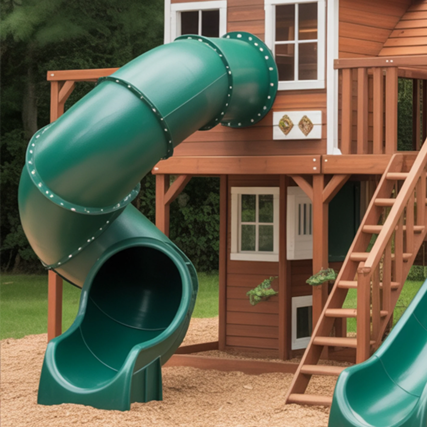 Premium Wooden Swingset with Spiral Tube Slide, Straight Slide, Double Towers & Swings – Outdoor Backyard Playset (22ft x 12ft x 9ft)