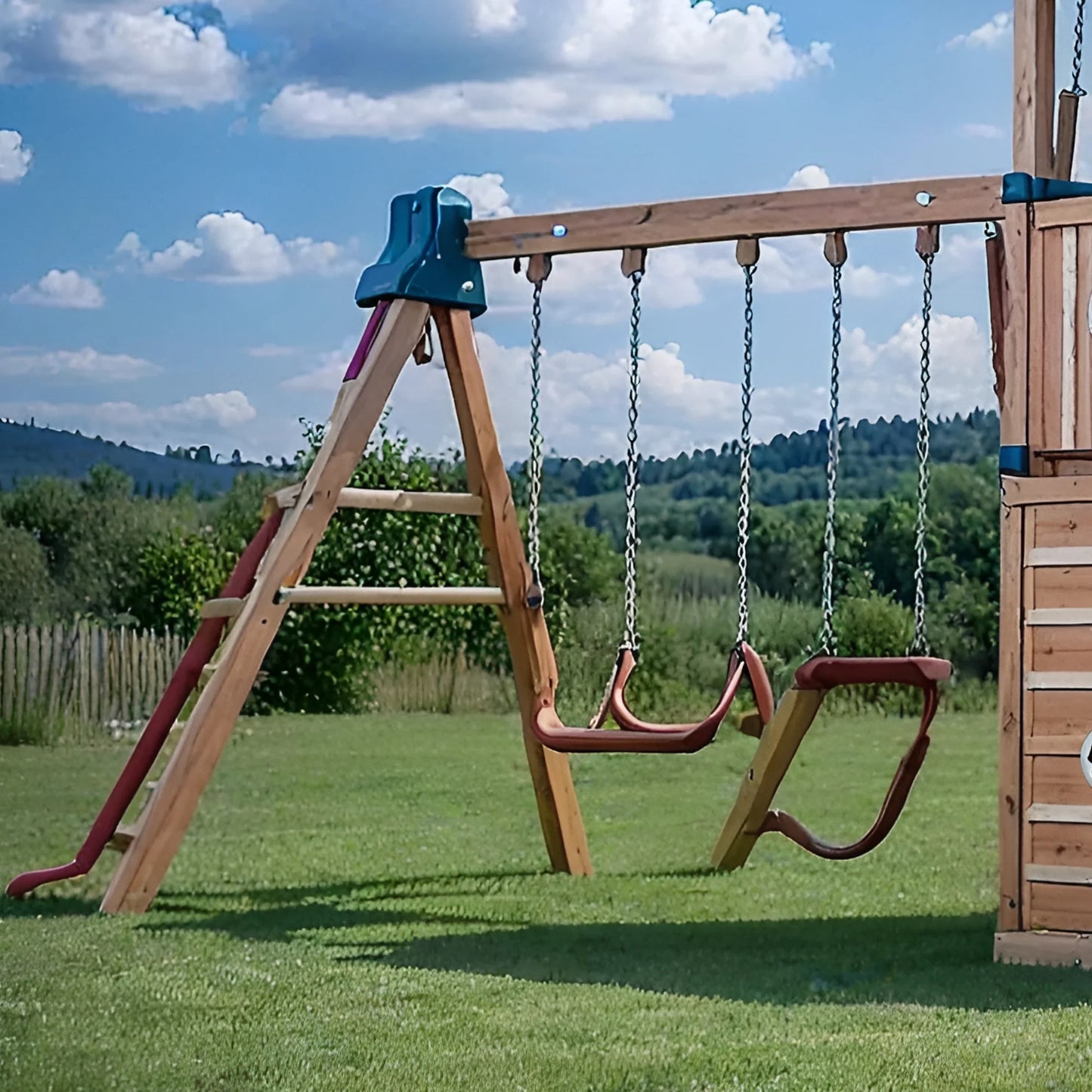 Heavy-Duty Wooden Swingset with Spiral Tube Slide & Double Swings