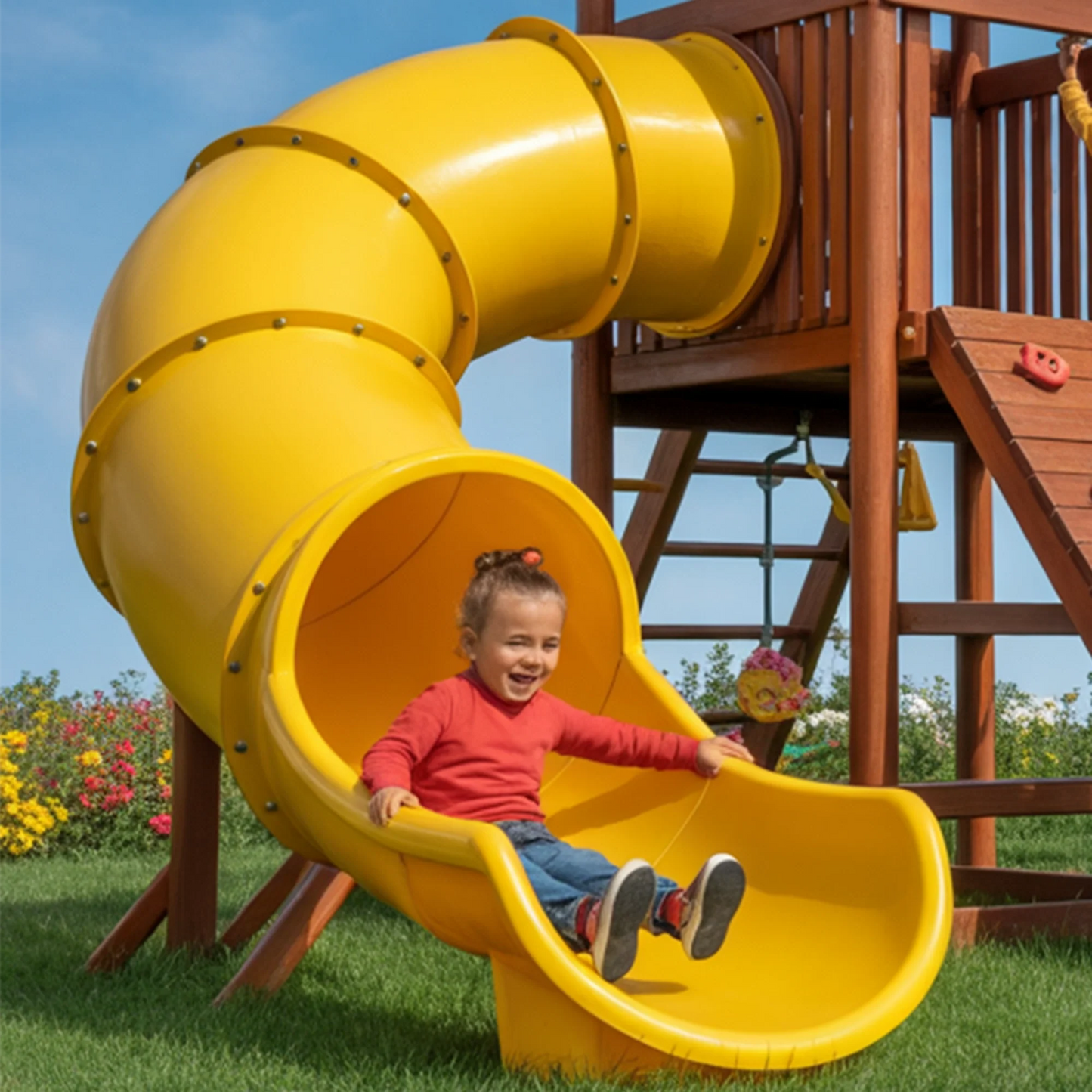 Wooden Swingset with Tube Slide, Rock Wall & Double Swings – Kids Outdoor Playground