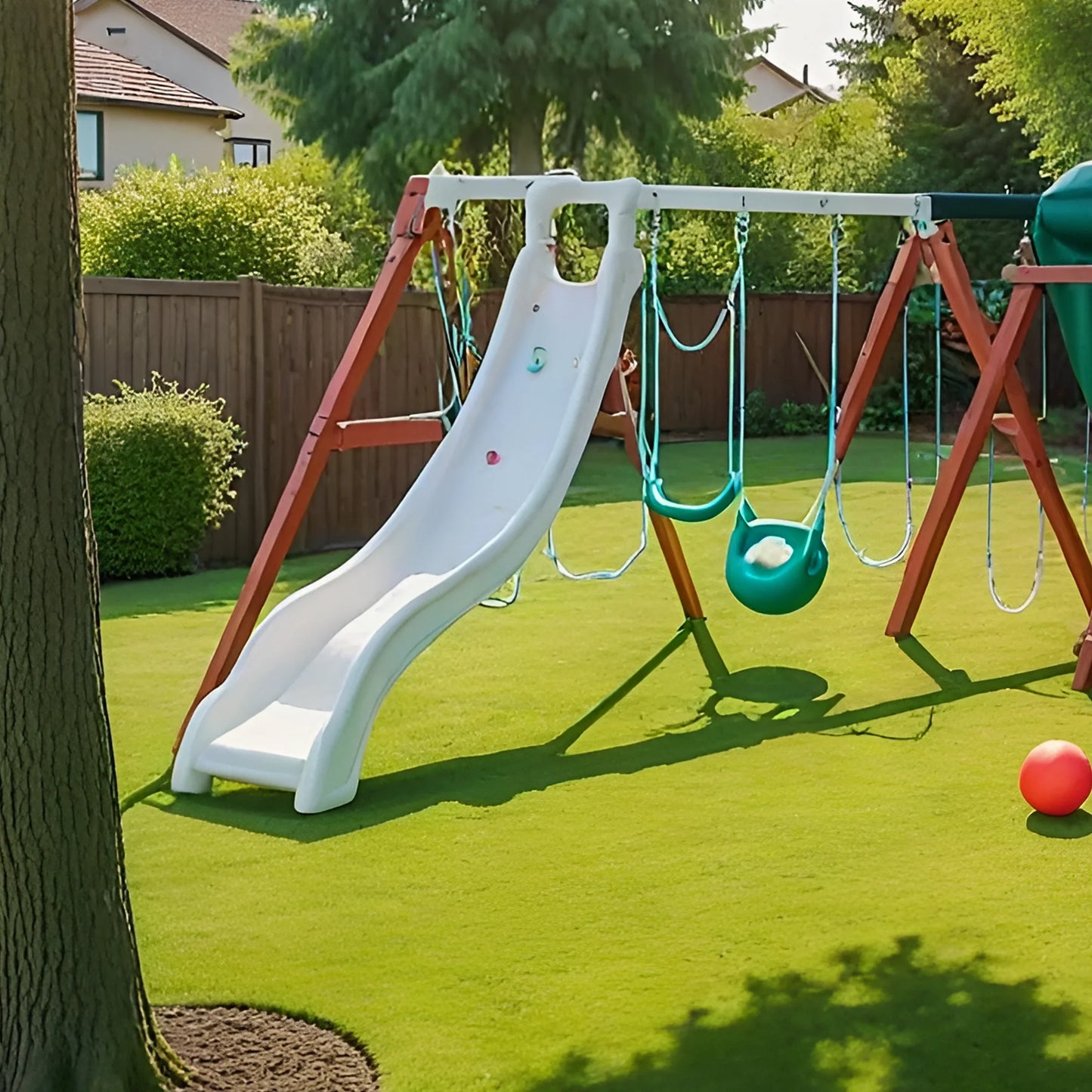 Wooden Kids Playground Set with Rock Wall, Slide & Swing Station – Backyard Playhouse
