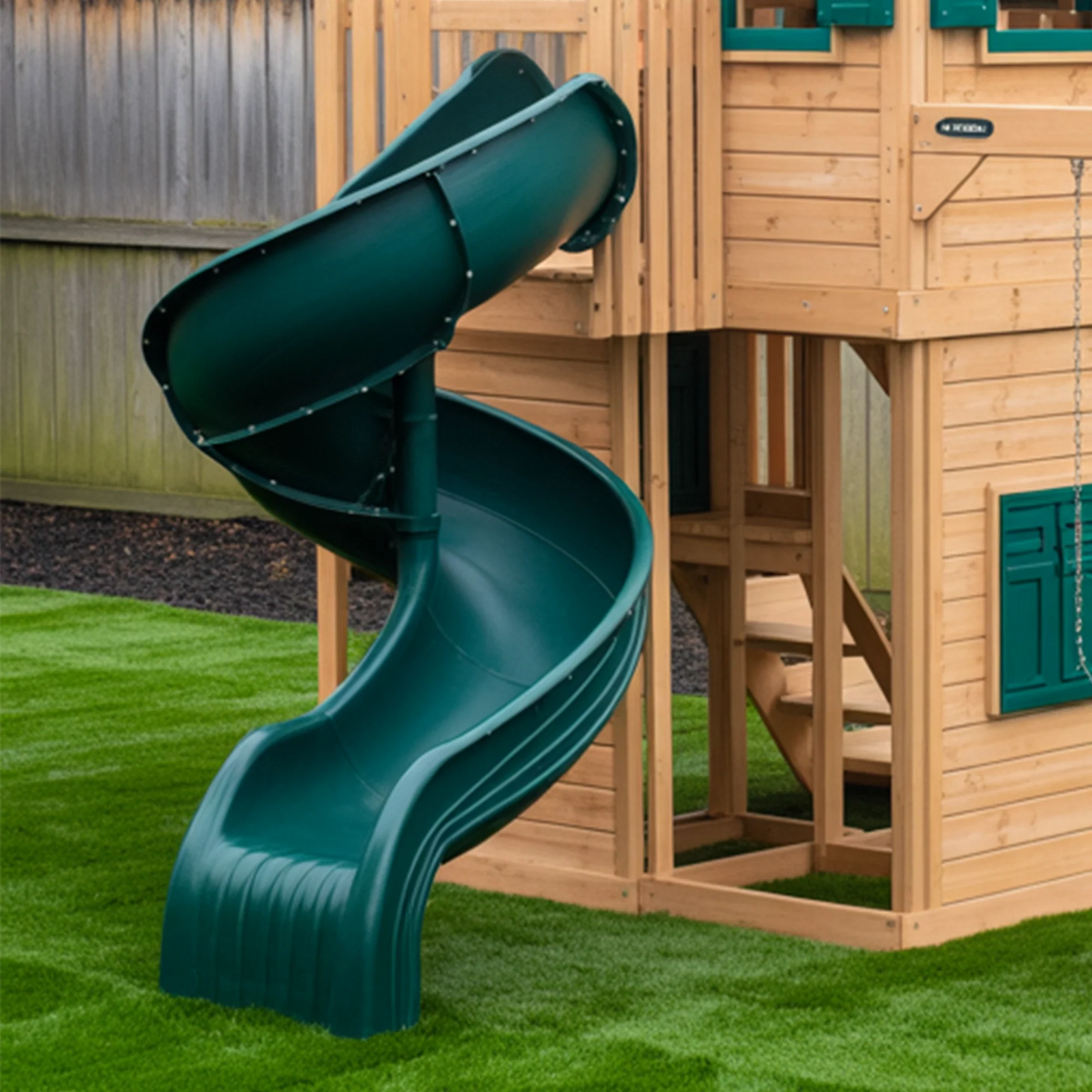 Wooden Swingset with Spiral Tube Slide & Double Swings | 2-Story Backyard Playhouse for Kids – 16x12x10 ft Outdoor Playground
