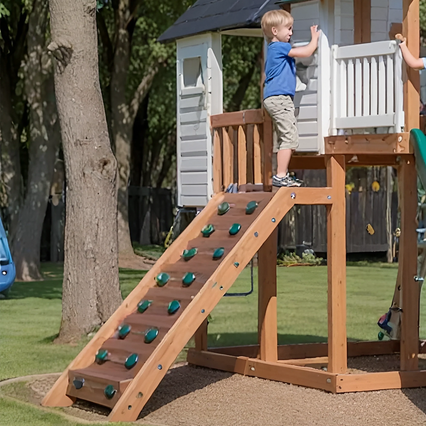 Wooden Playhouse Swing Set – Backyard Kids Playset with Climbing Wall & Slide