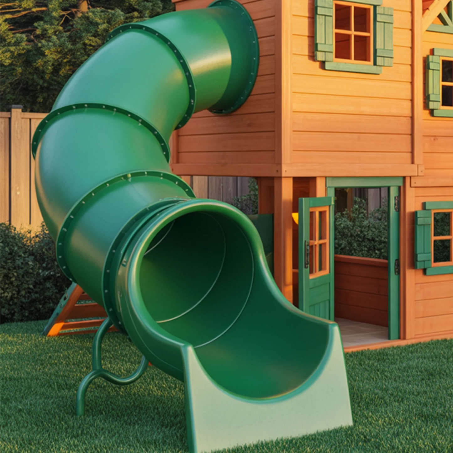 Deluxe Wooden Swingset with Tube Slide, Dual Swings & Playhouse | Outdoor Backyard Playground for Kids
