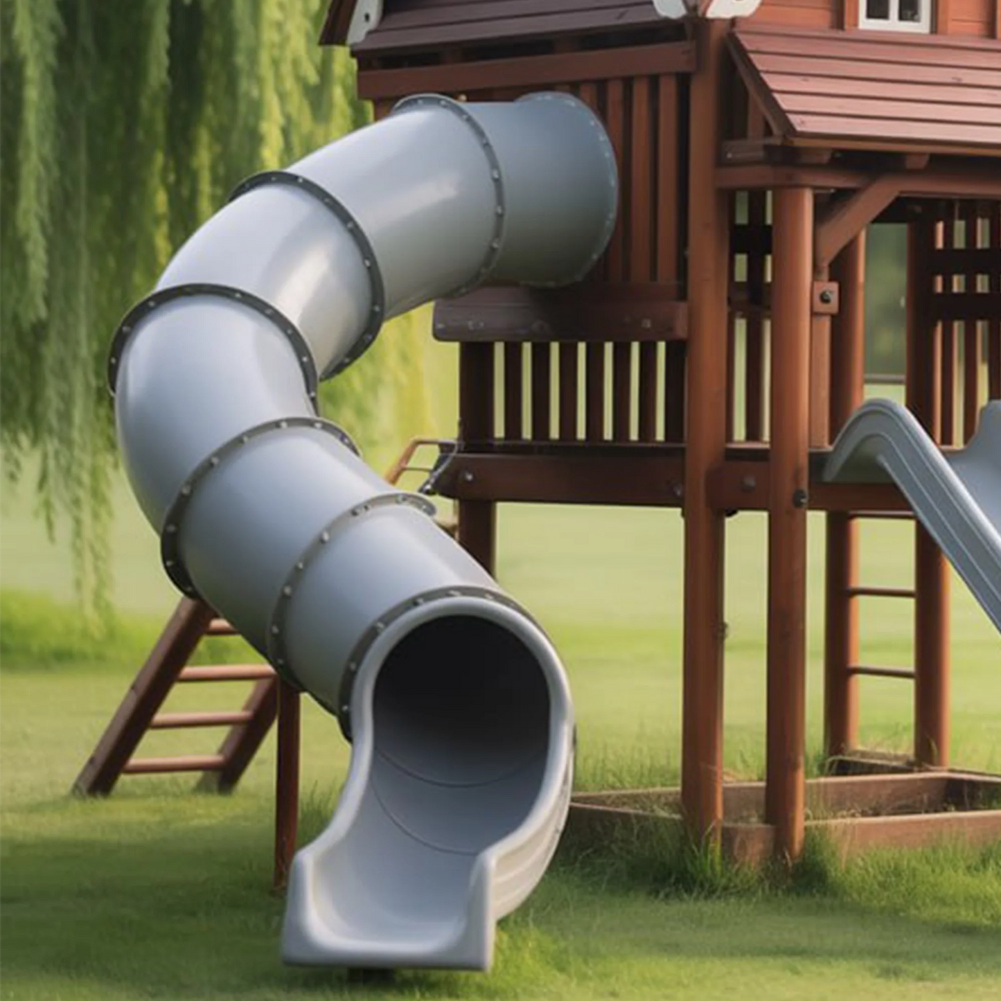 Wooden Swingset with Clubhouse Tower & Slide – Safe Outdoor Playground
