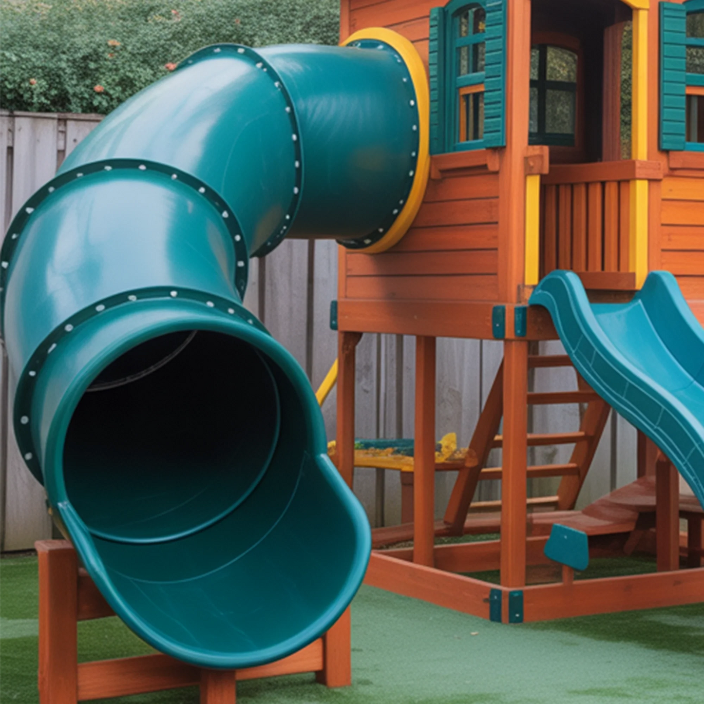 Premium Wooden Swingset with Spiral Tube Slide & Dual Straight Slides – Outdoor Backyard Playhouse Playground for Kids