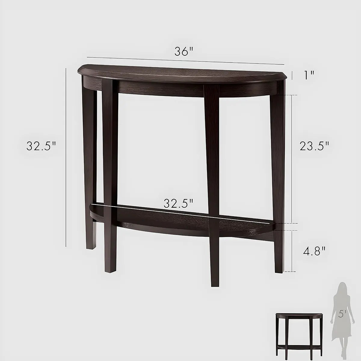 36″ Dark Brown Wood Half Moon Console Table – Bottom Shelf & Drawers