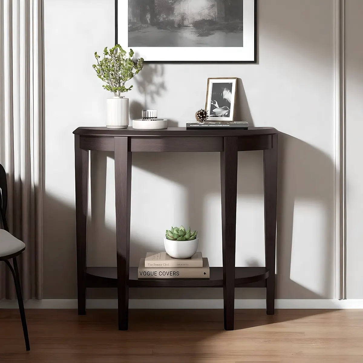 36″ Dark Brown Wood Half Moon Console Table – Bottom Shelf & Drawers
