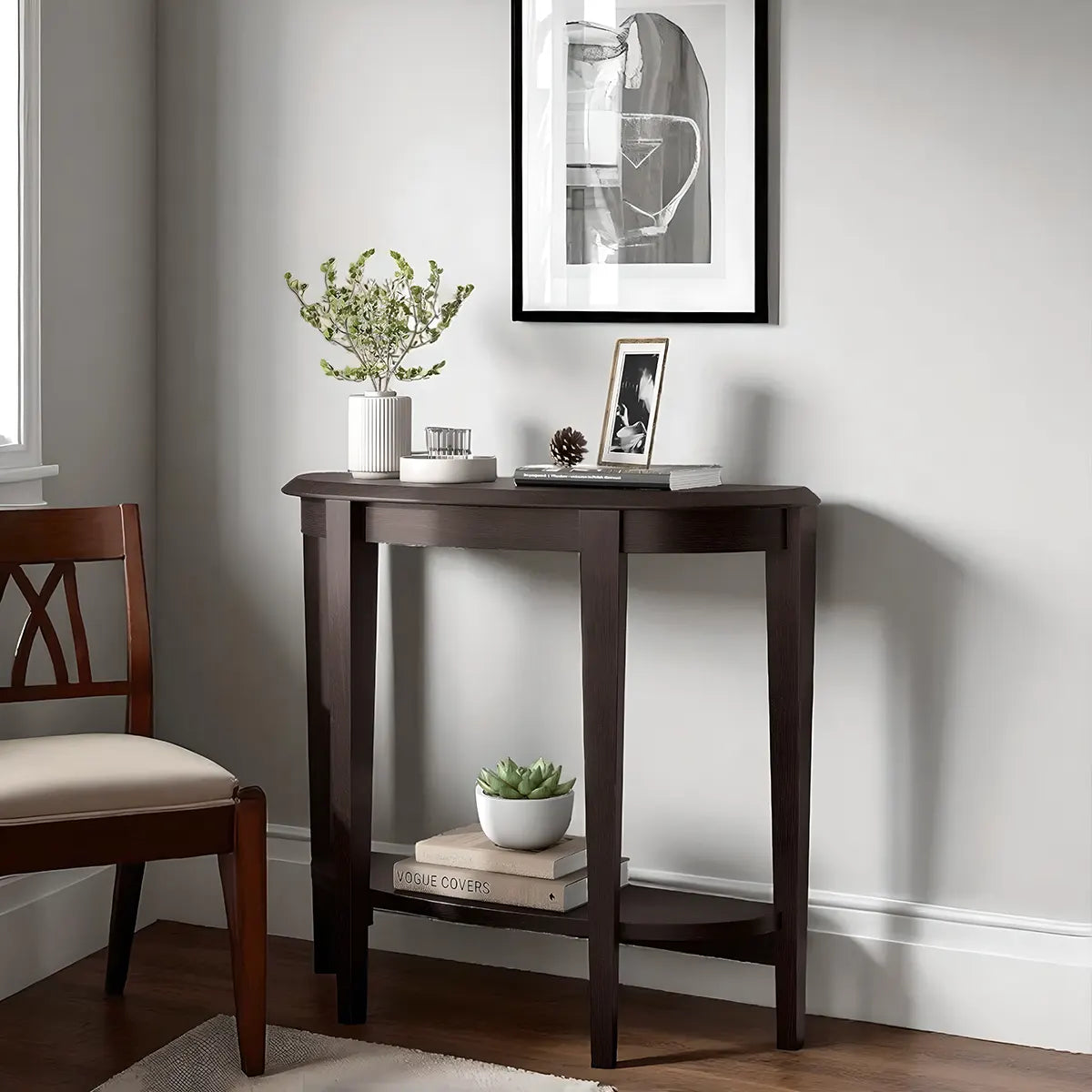 36″ Dark Brown Wood Half Moon Console Table – Bottom Shelf & Drawers
