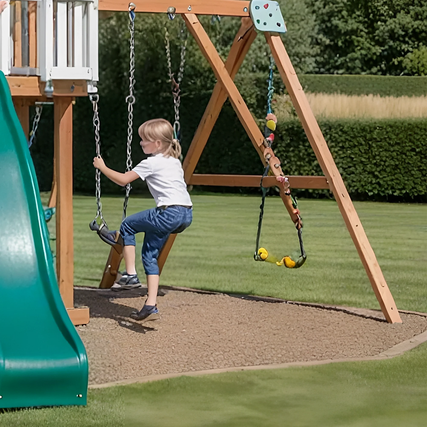 Wooden Playhouse Swing Set – Backyard Kids Playset with Climbing Wall & Slide