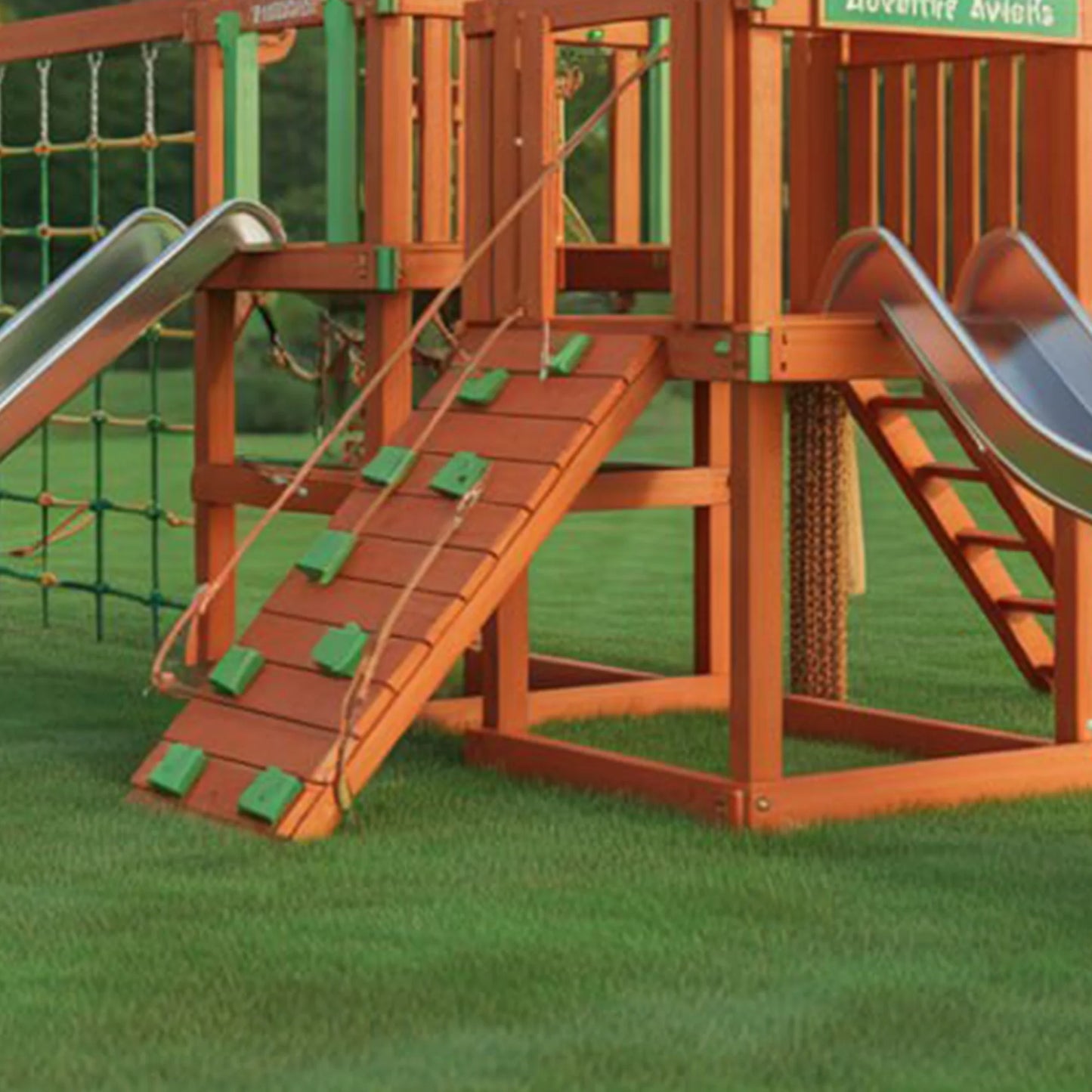 Outdoor Wooden Swingset with Playhouse, Slide & Climbing Wall