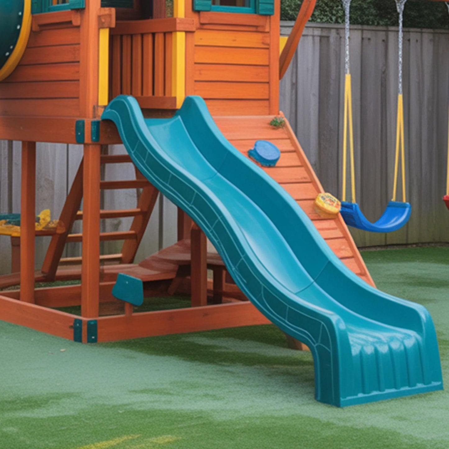 Premium Wooden Swingset with Spiral Tube Slide & Dual Straight Slides – Outdoor Backyard Playhouse Playground for Kids
