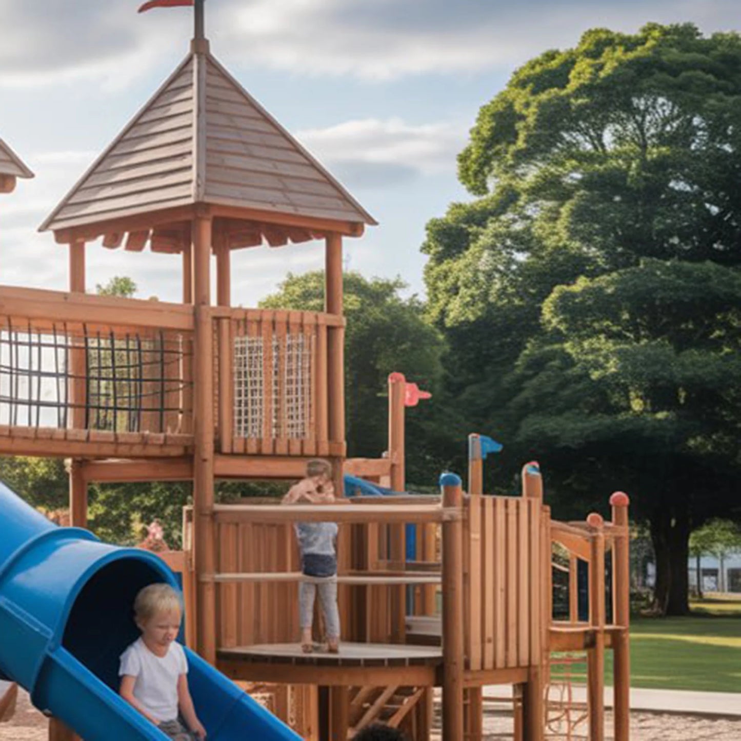 Wooden Swingset with Clubhouse Tower & Slide – Safe Outdoor Playground