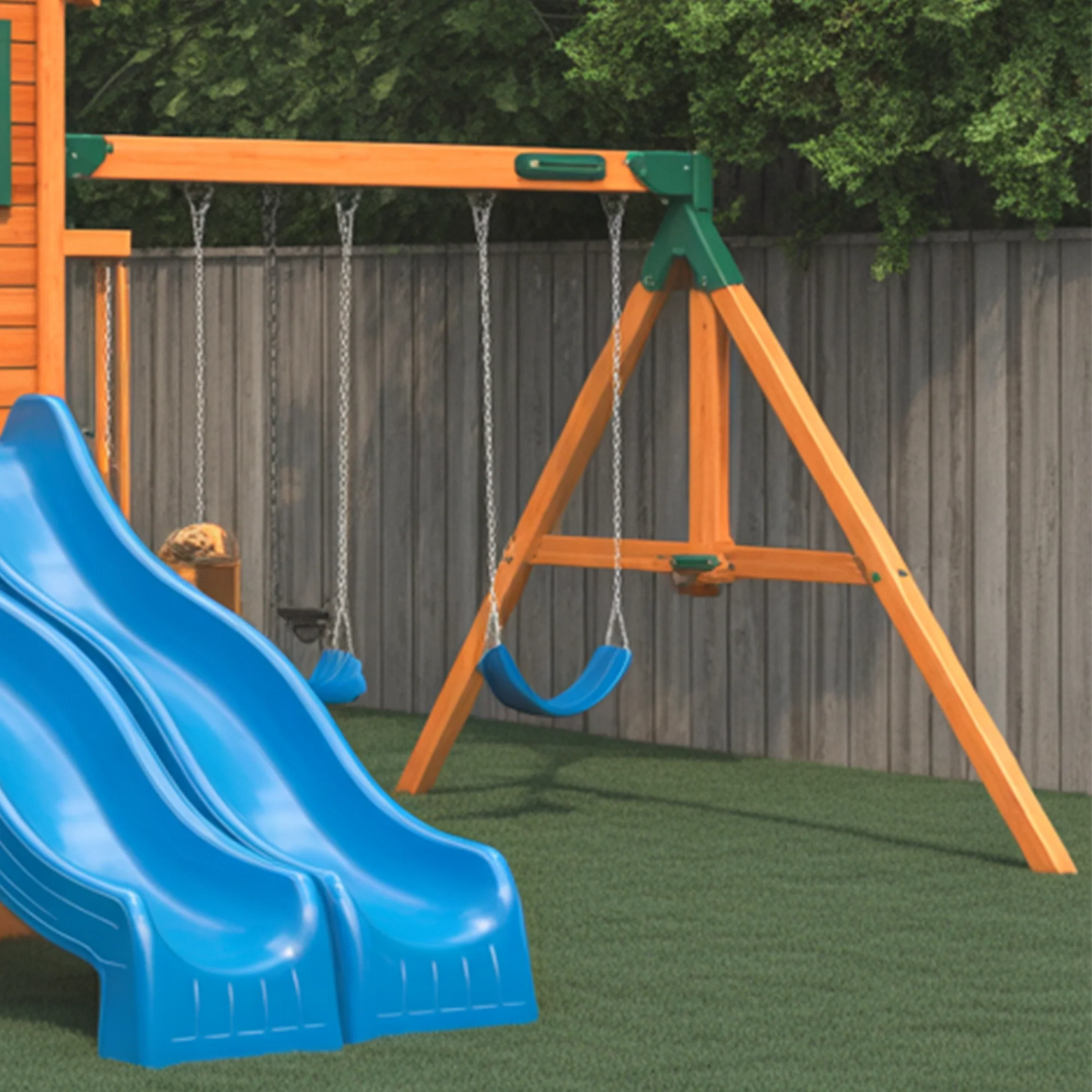 Deluxe Wooden Swing Set with Dual Blue Slides, Tube Slide & Swings – Outdoor Playground for Kids (22ft x 12ft x 9ft)