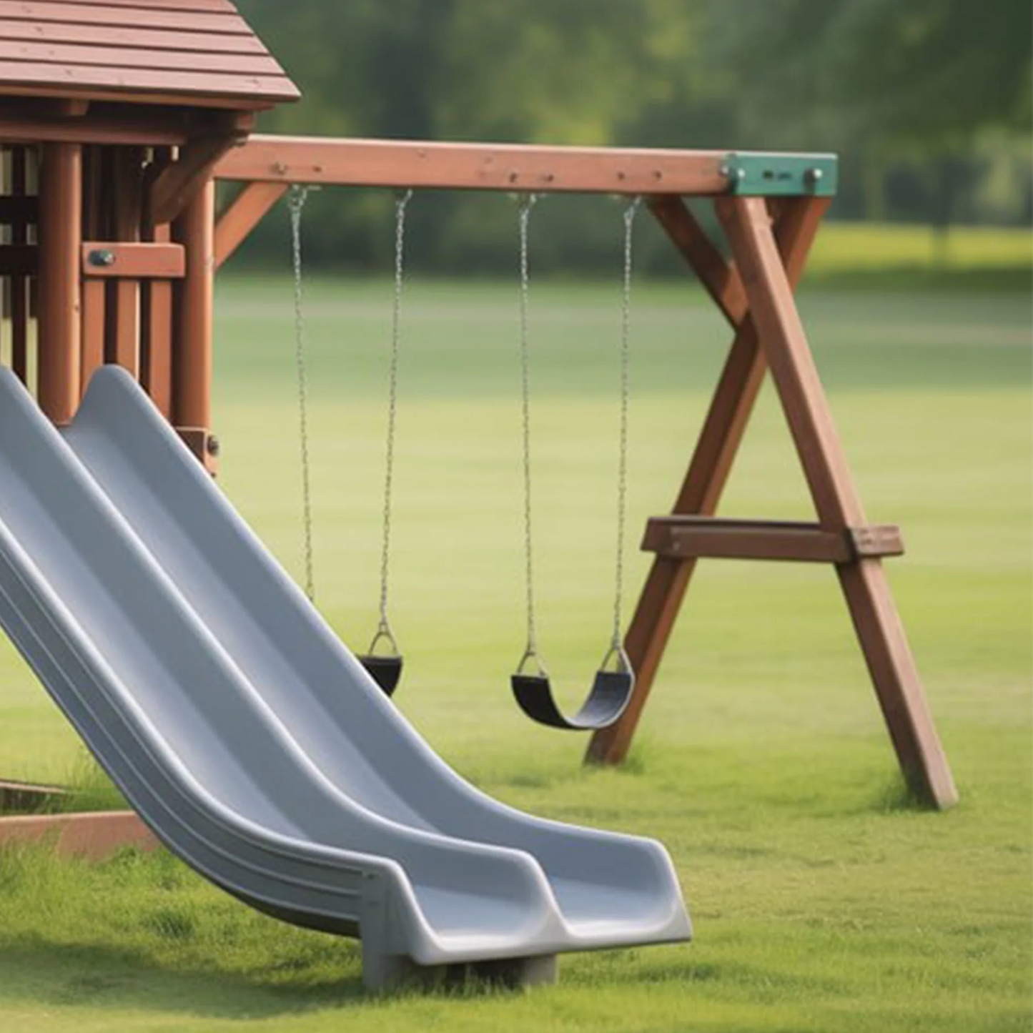 Wooden Swingset with Clubhouse Tower & Slide – Safe Outdoor Playground