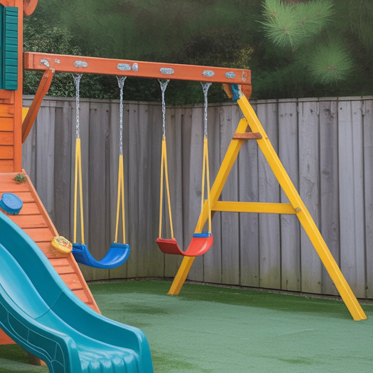 Premium Wooden Swingset with Spiral Tube Slide & Dual Straight Slides – Outdoor Backyard Playhouse Playground for Kids