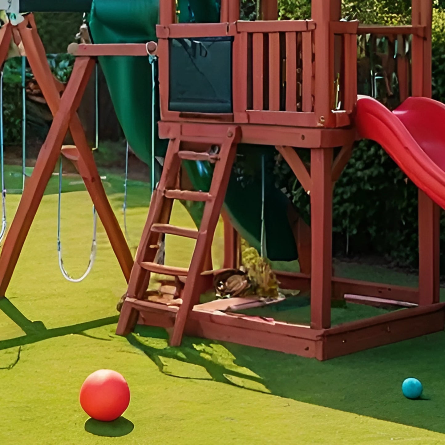 Wooden Kids Playground Set with Rock Wall, Slide & Swing Station – Backyard Playhouse