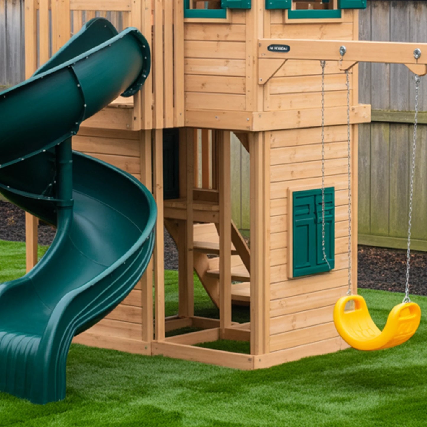 Wooden Swingset with Spiral Tube Slide & Double Swings | 2-Story Backyard Playhouse for Kids – 16x12x10 ft Outdoor Playground
