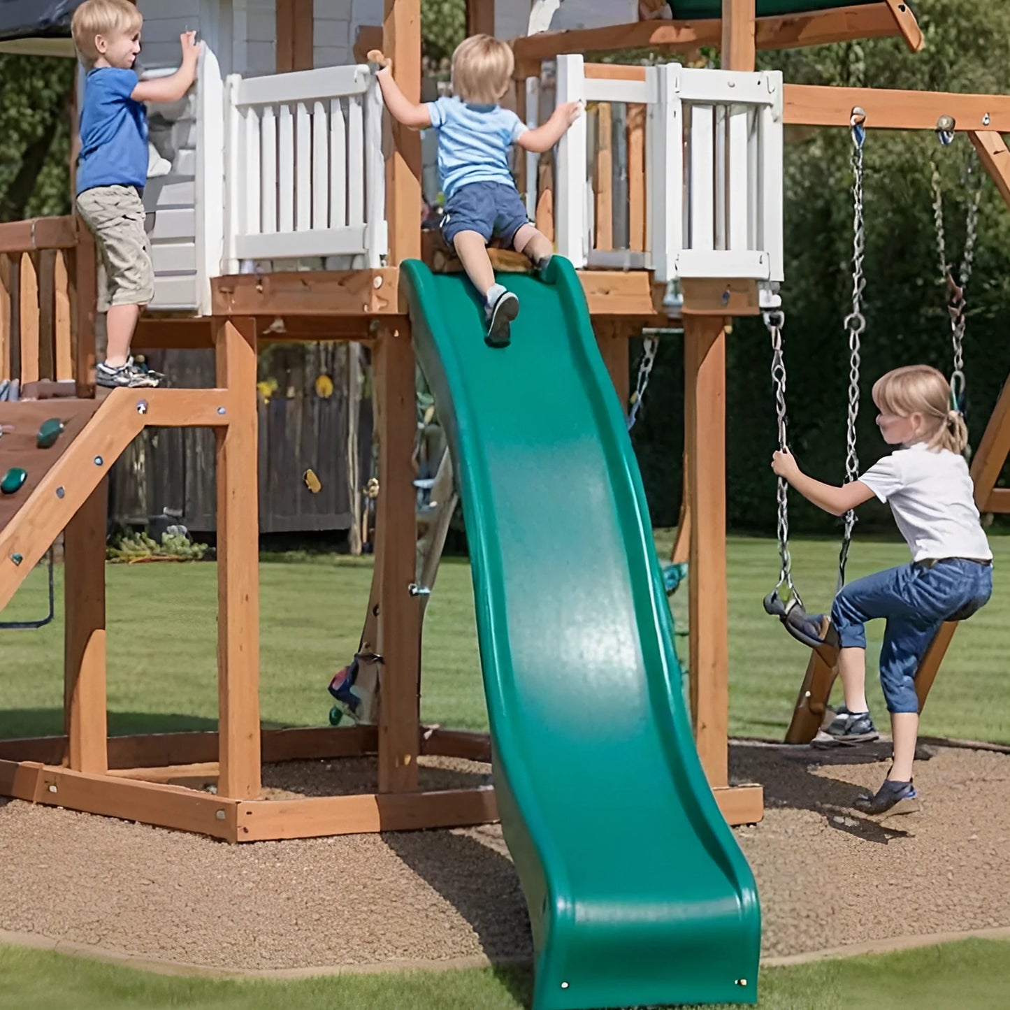 Wooden Playhouse Swing Set – Backyard Kids Playset with Climbing Wall & Slide