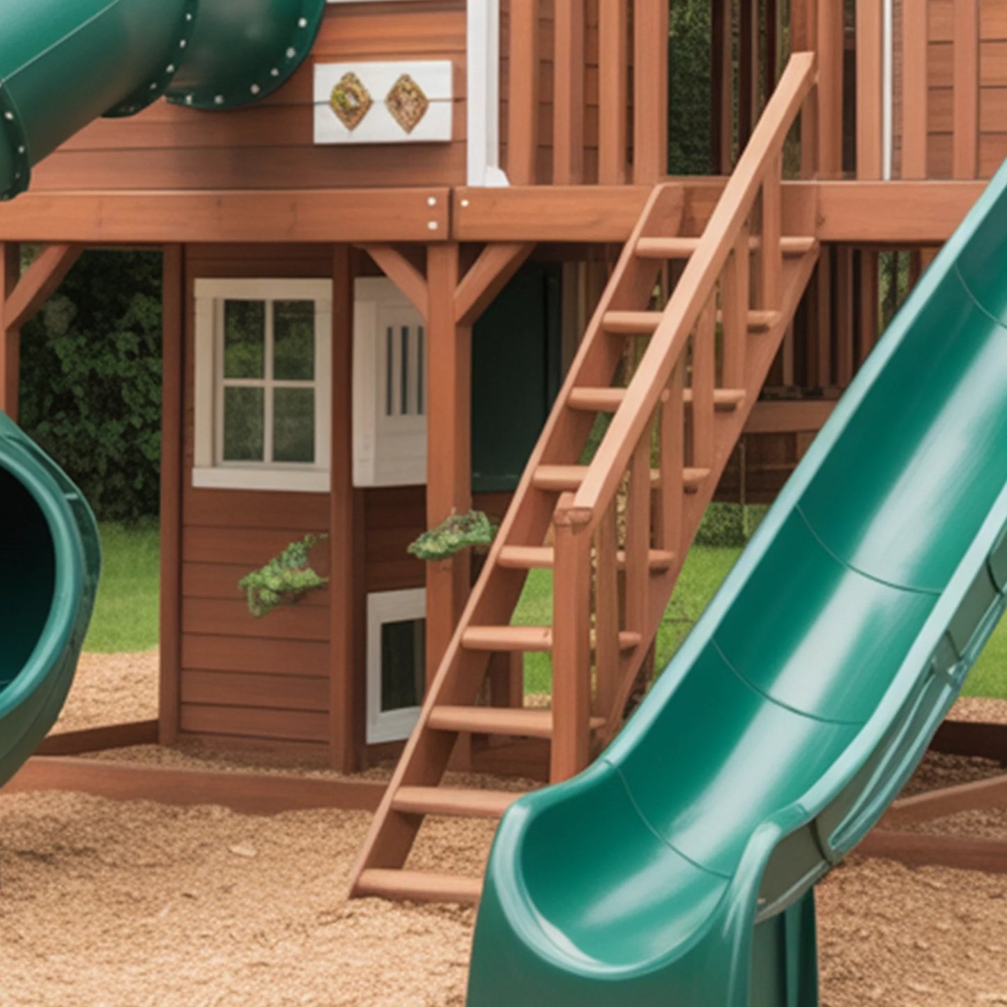Premium Wooden Swingset with Spiral Tube Slide, Straight Slide, Double Towers & Swings – Outdoor Backyard Playset (22ft x 12ft x 9ft)