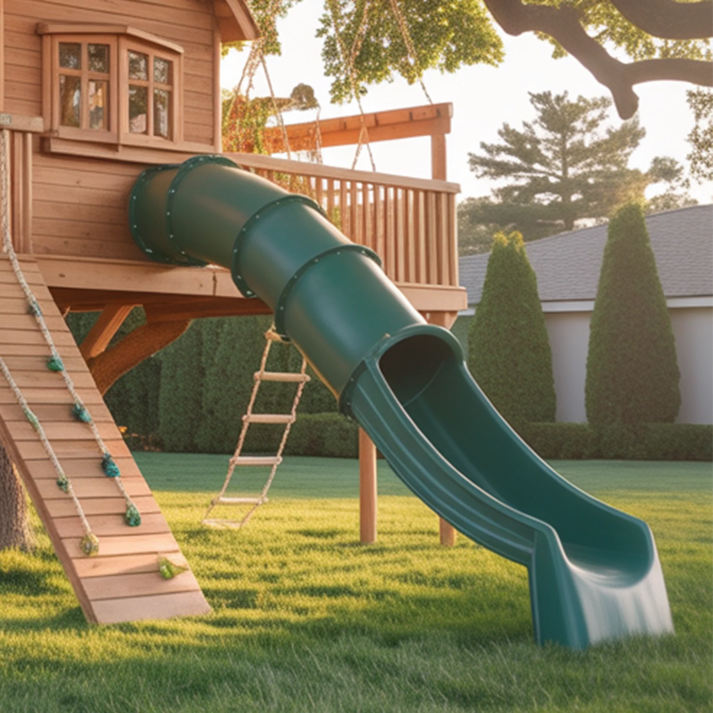 Wooden Swingset with Double Playhouses & Tube Slides – Kids Outdoor Playground
