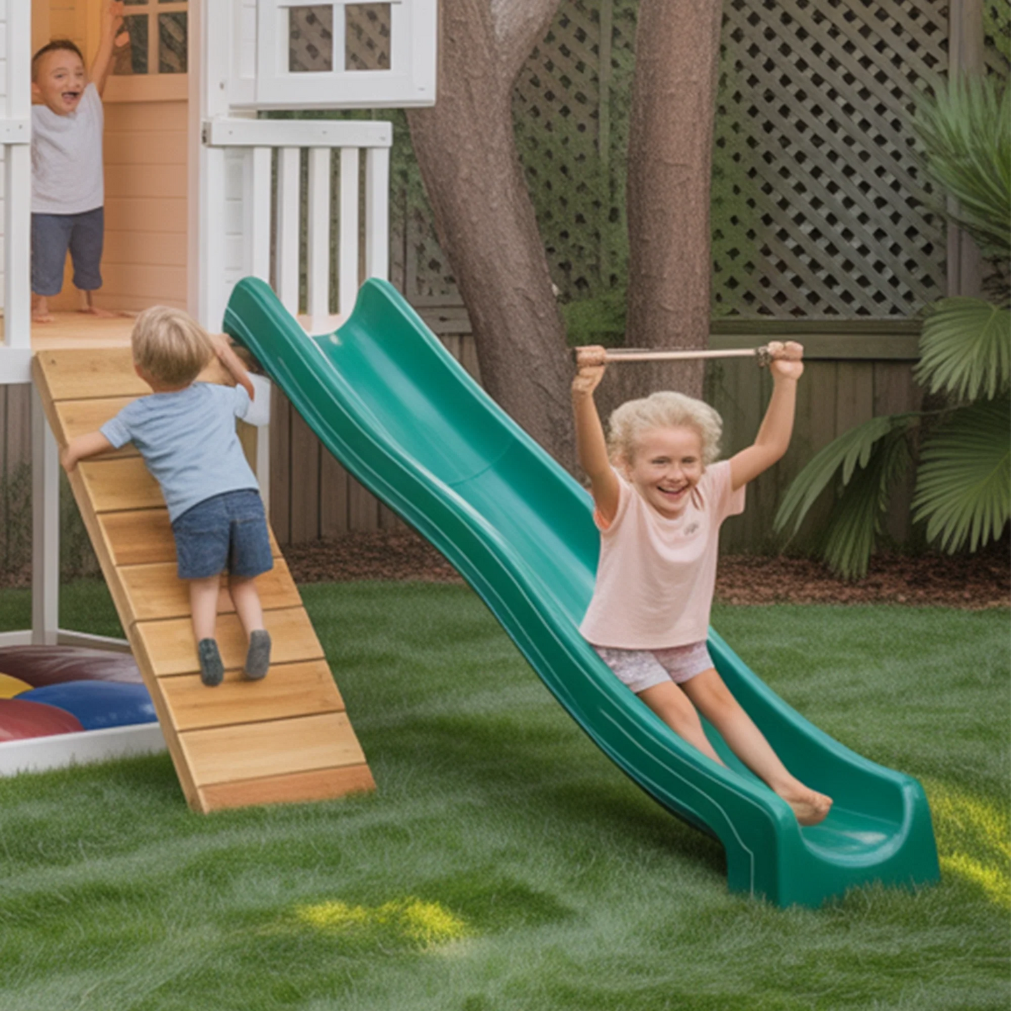 Deluxe Wooden Swingset with Slide, Swings & Clubhouse – Outdoor Backyard Playset for Kids