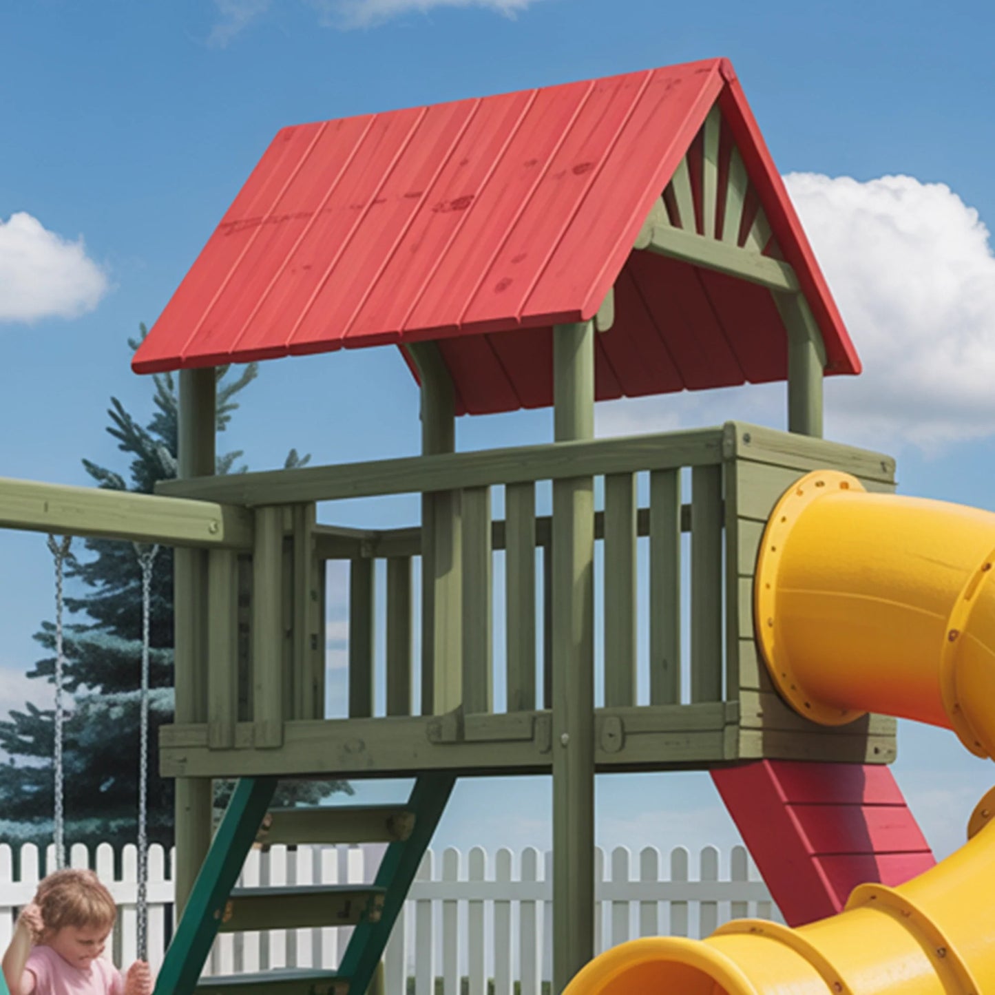 Wooden Swingset with Yellow Tube Slide & Double Swings | Outdoor Backyard Playground 22ft x 12ft x 9ft