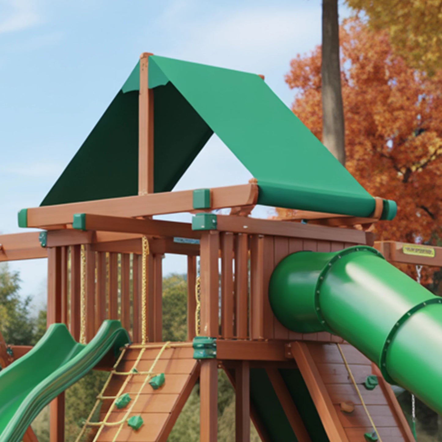 Wooden Swingset with Tube Slide, Double Swings & Rock Wall – Outdoor Kids Playground