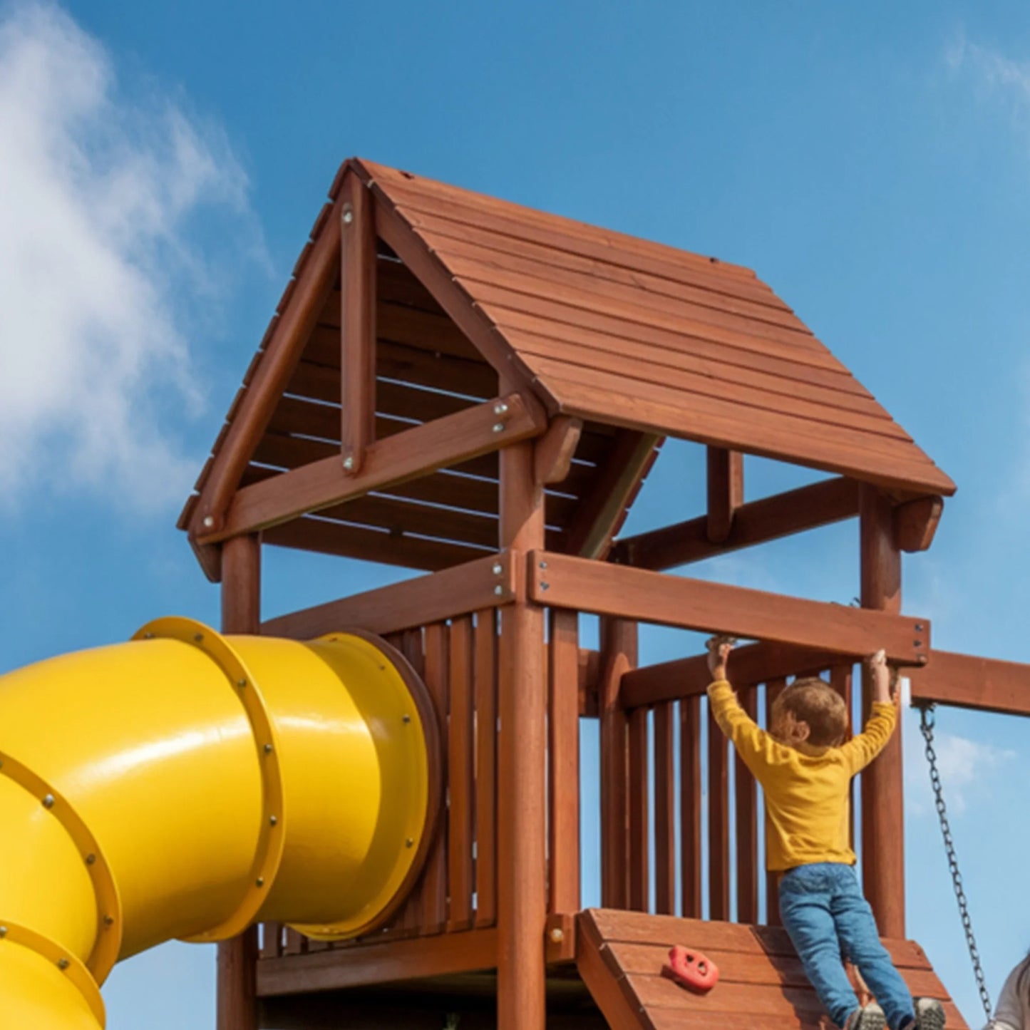 Wooden Swingset with Tube Slide, Rock Wall & Double Swings – Kids Outdoor Playground