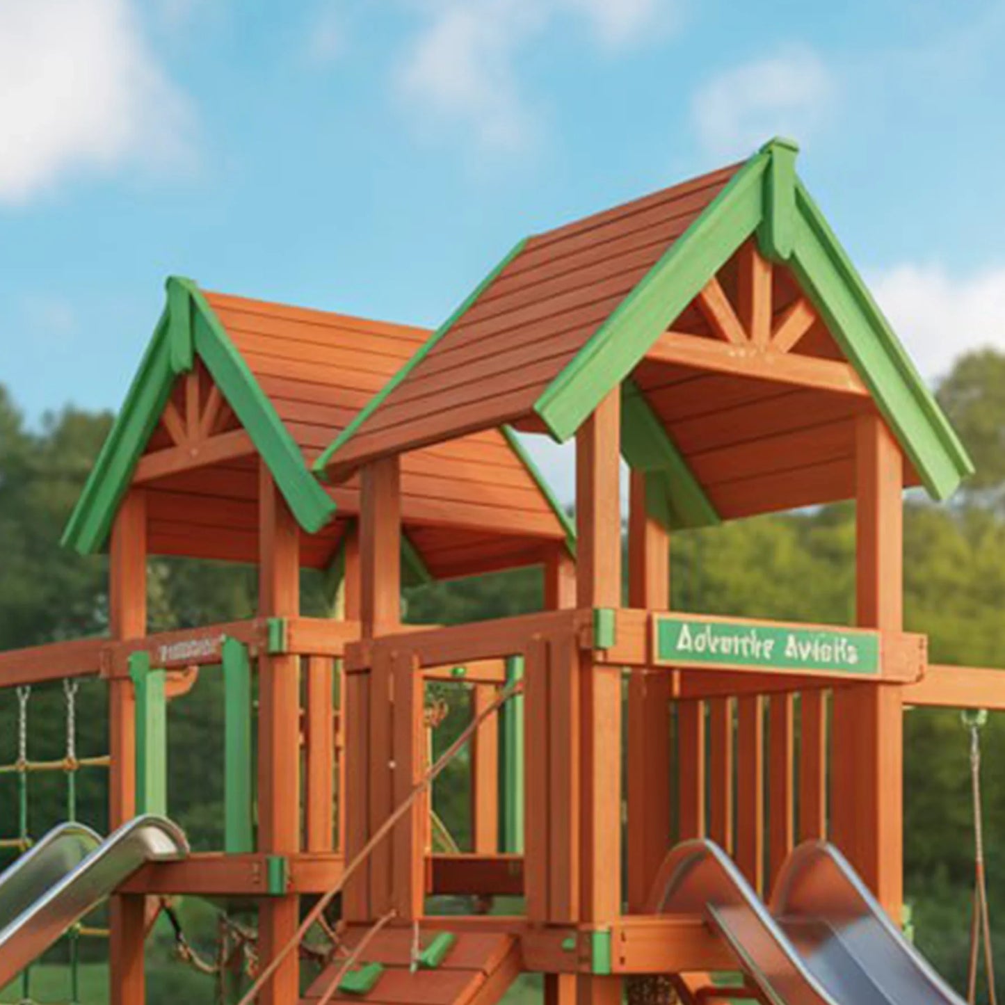 Outdoor Wooden Swingset with Playhouse, Slide & Climbing Wall