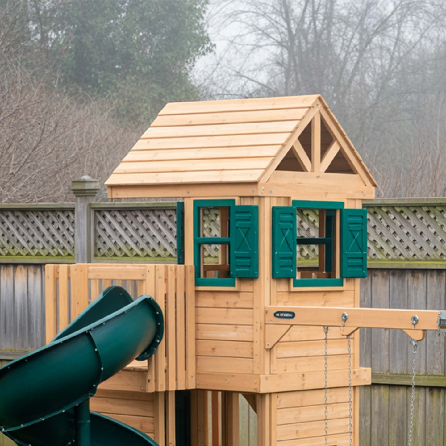 Wooden Swingset with Spiral Tube Slide & Double Swings | 2-Story Backyard Playhouse for Kids – 16x12x10 ft Outdoor Playground