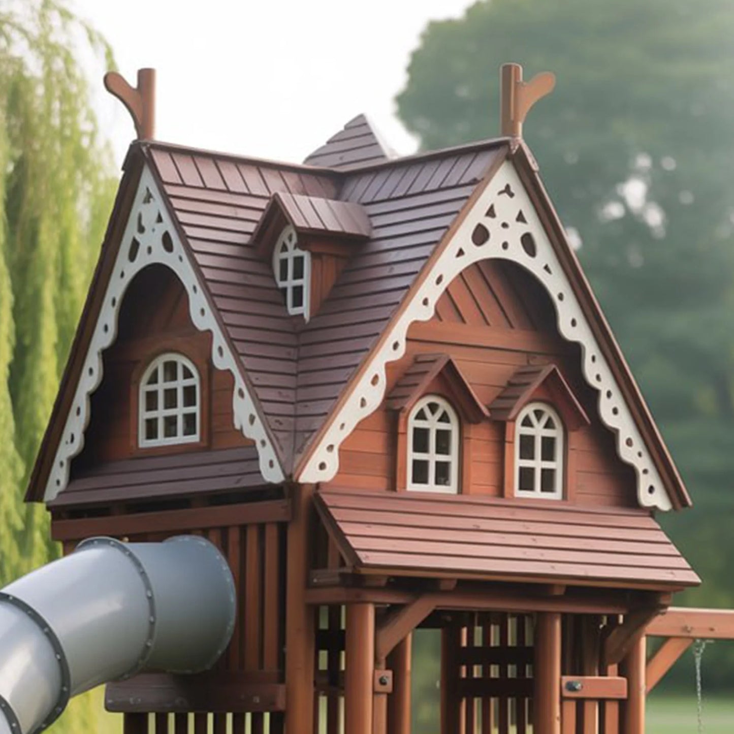 Wooden Swingset with Clubhouse Tower & Slide – Safe Outdoor Playground