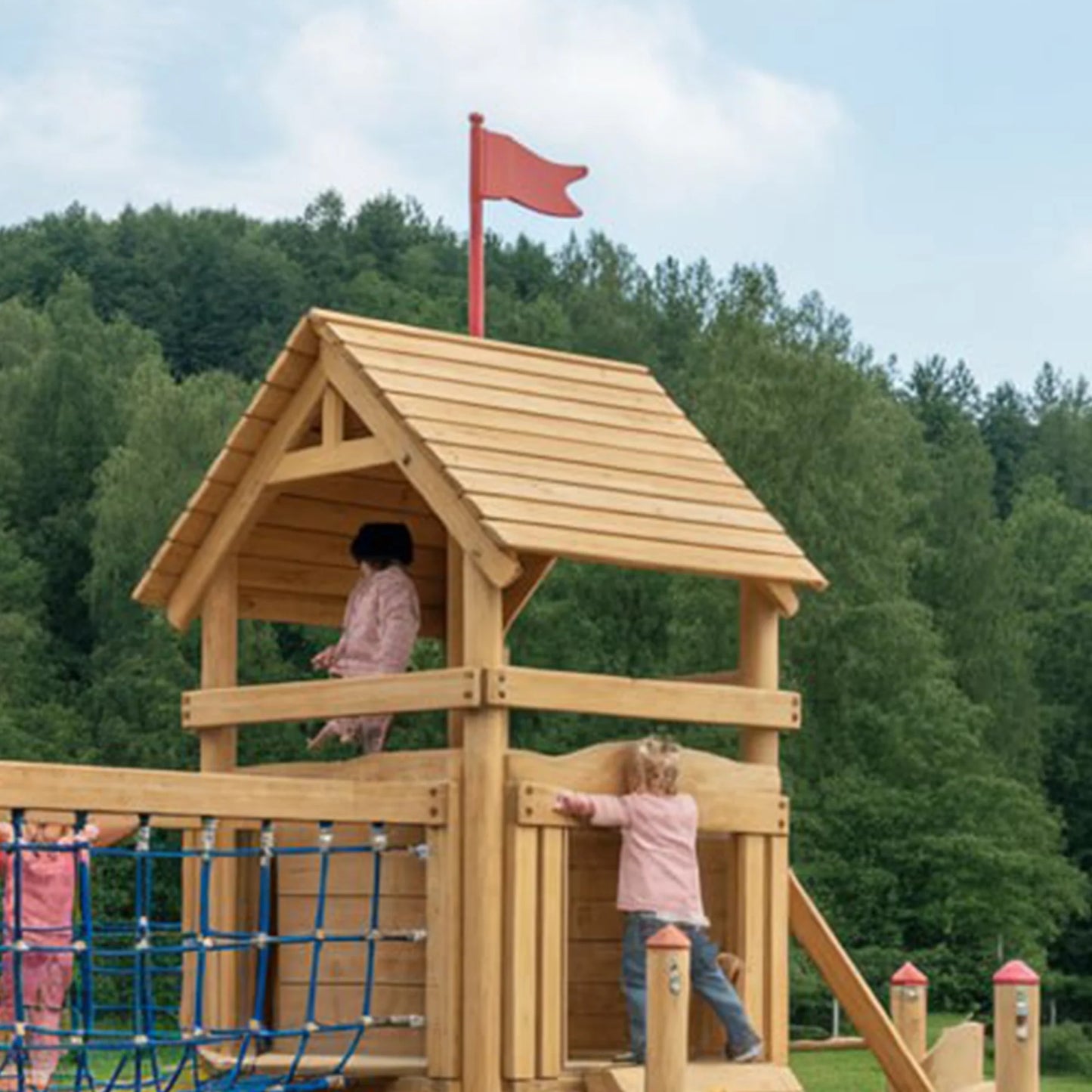 Kids Outdoor Wooden Swingset with Slide, Swings & Adventure Tower