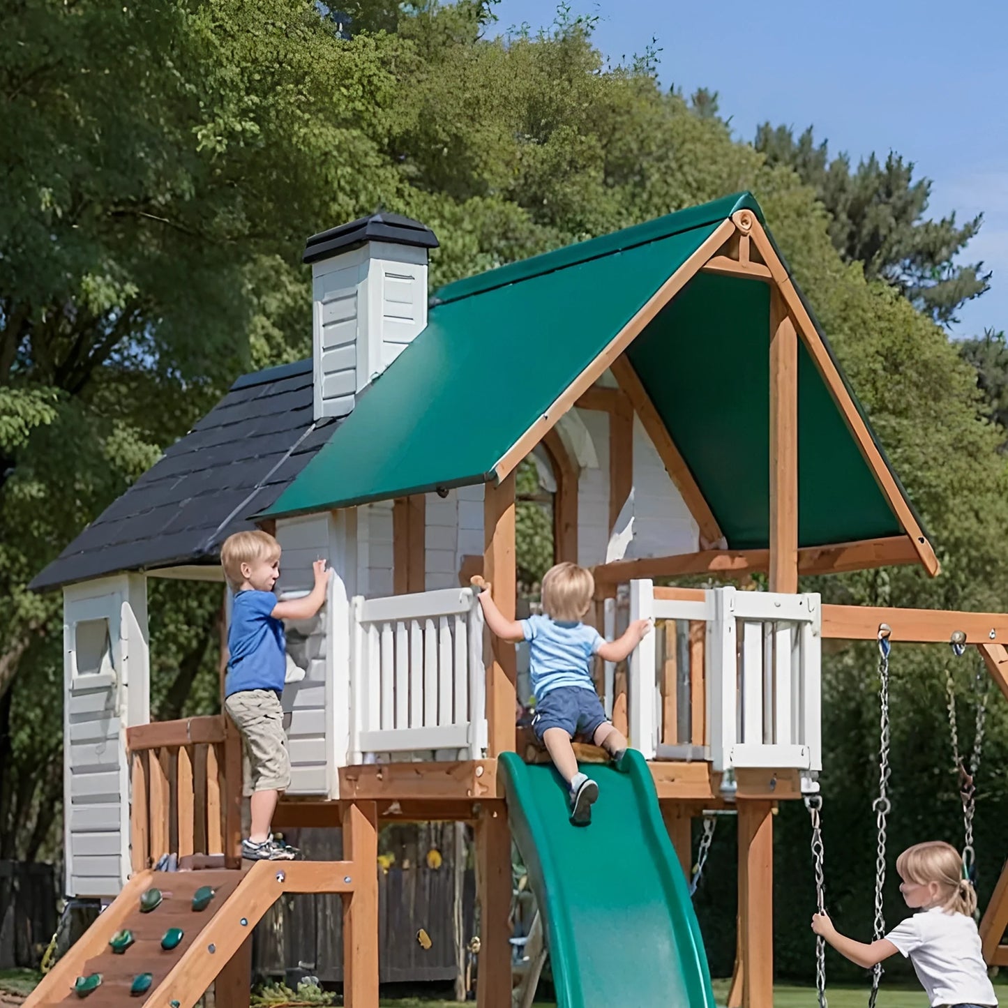 Wooden Playhouse Swing Set – Backyard Kids Playset with Climbing Wall & Slide