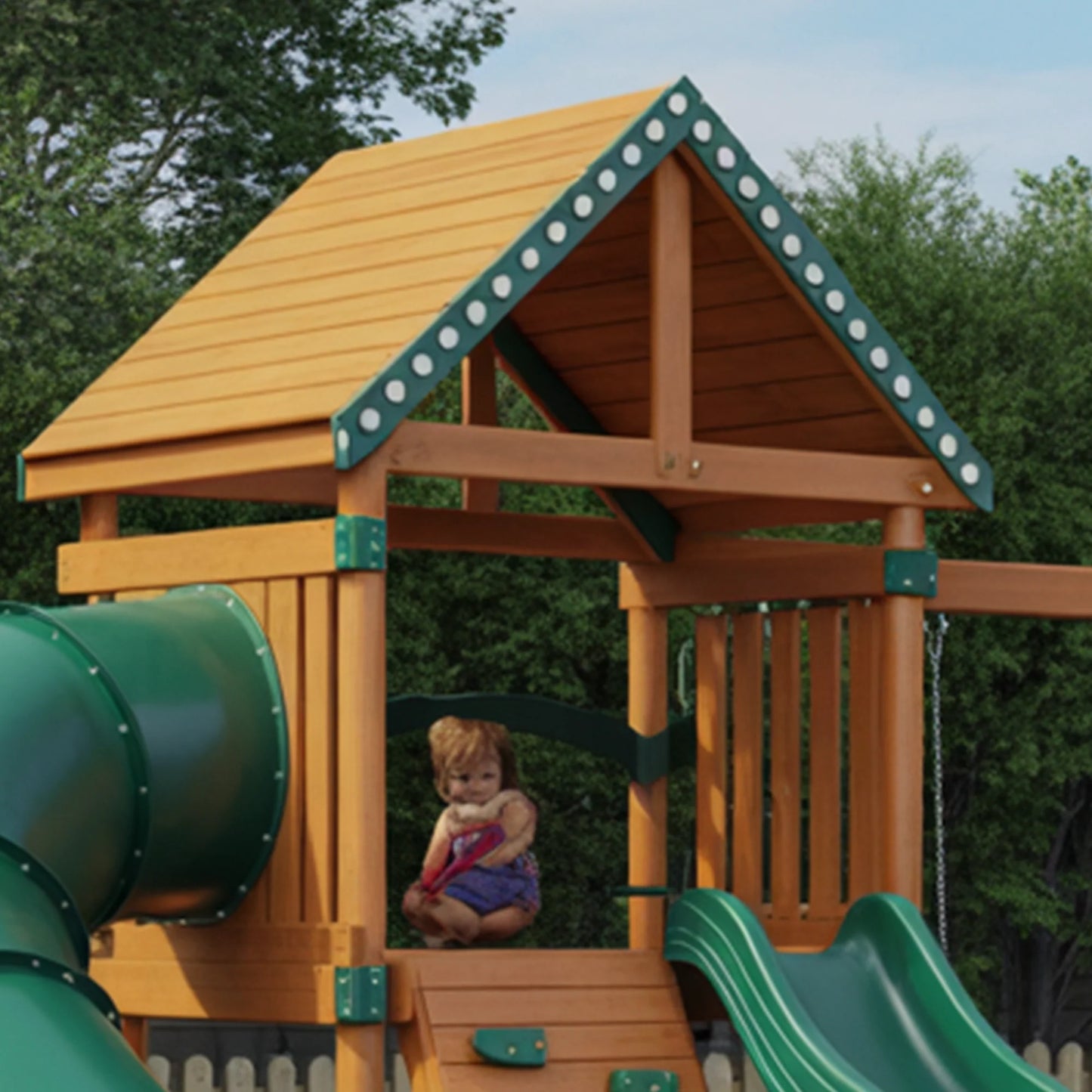 Wooden Playhouse with Tube Slide, Swing & Sandbox | 22x12x9 ft Backyard Kids Playground