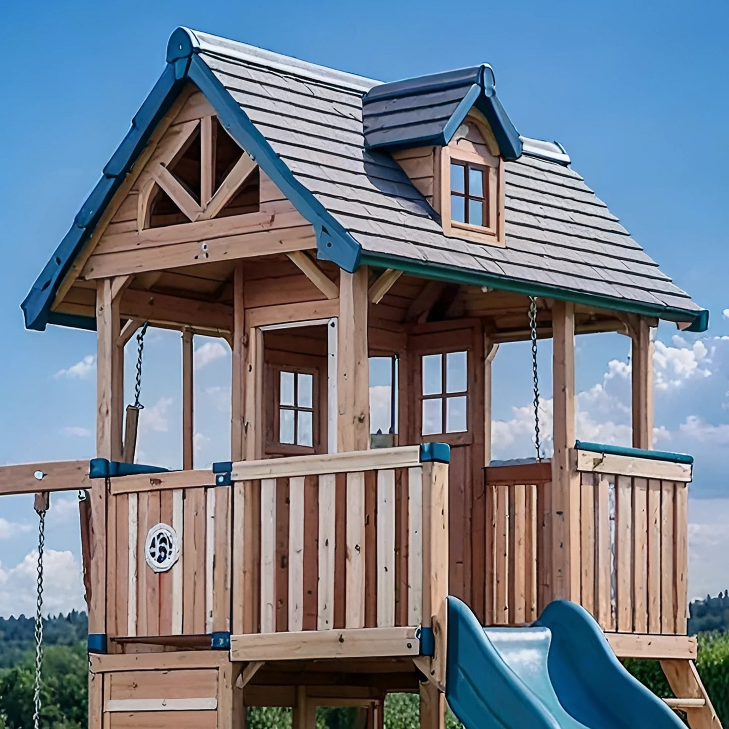 Heavy-Duty Wooden Swingset with Spiral Tube Slide & Double Swings