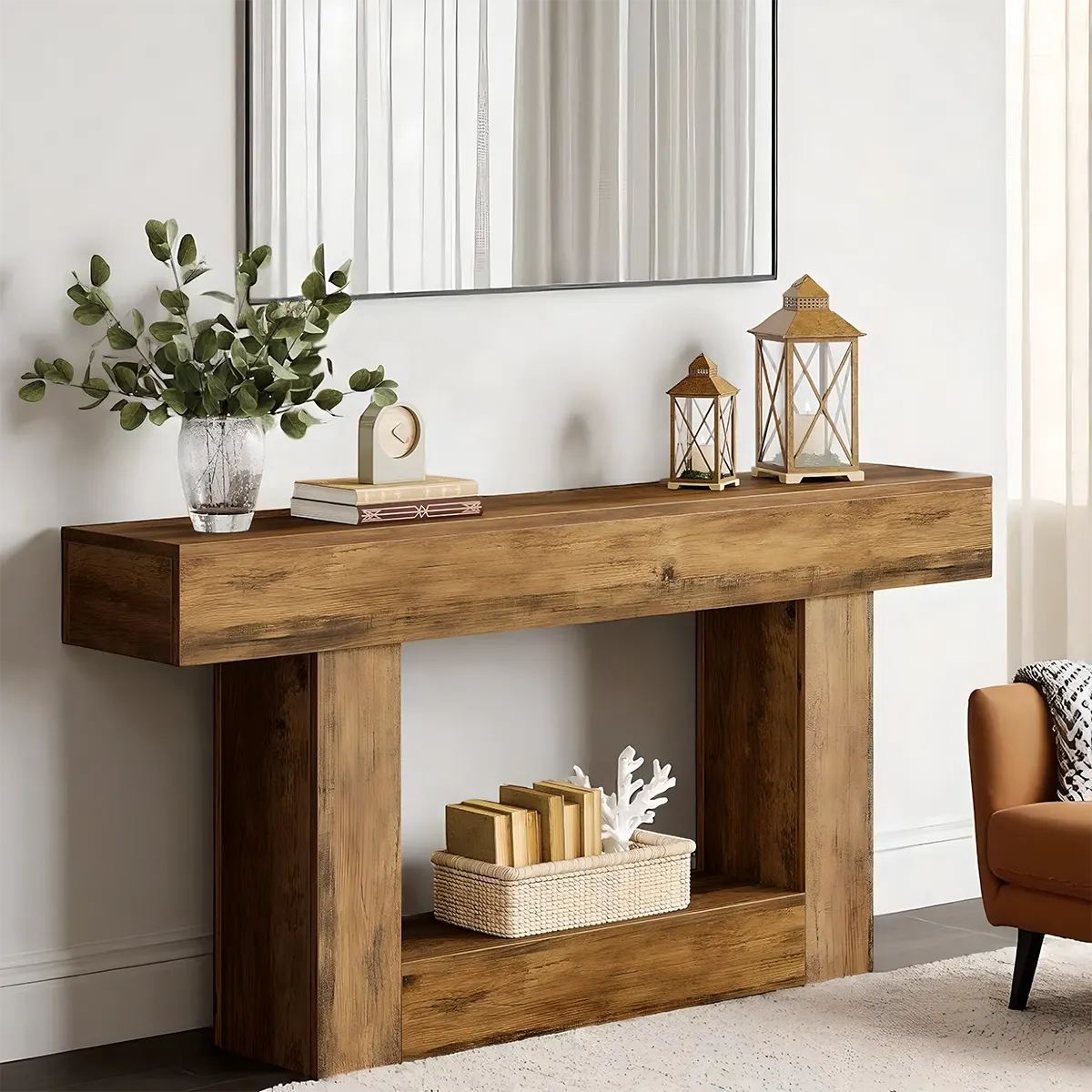 63″ Long Rustic Wood Console Table – Farmhouse Design, With Multi-Functional Shelves