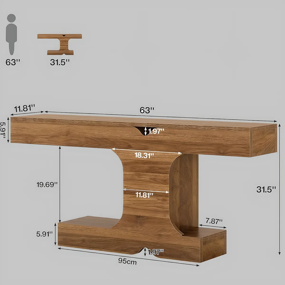 63″ Modern Console Table – Elegant T-shape, bookshelf and decoration