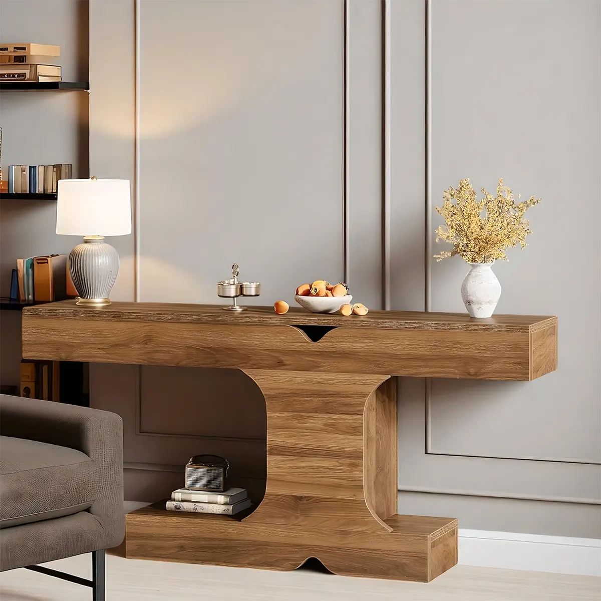 63″ Modern Console Table – Elegant T-shape, bookshelf and decoration