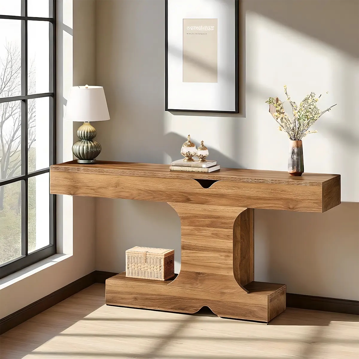 63″ Modern Console Table – Elegant T-shape, bookshelf and decoration