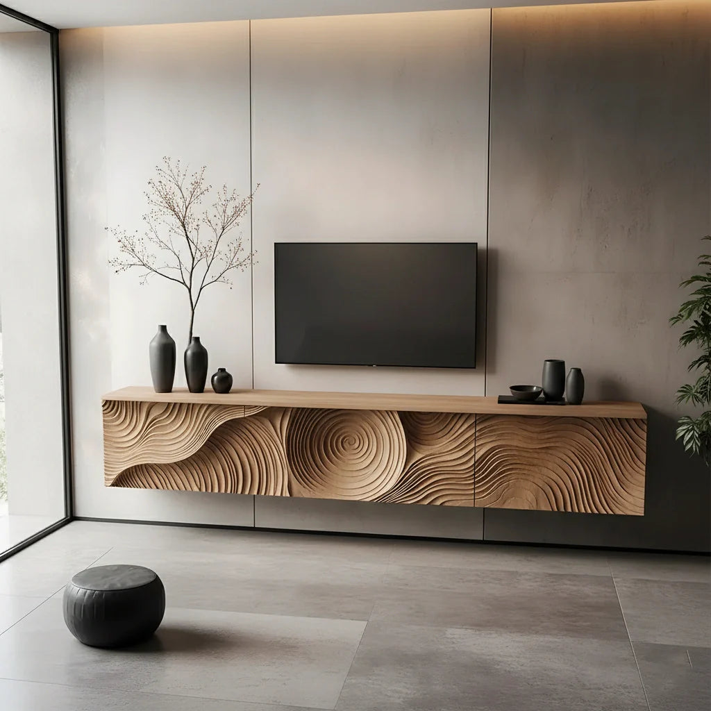 Art-Carved Solid Wood Floating TV Console – Modern Wave Texture Design - Rustira