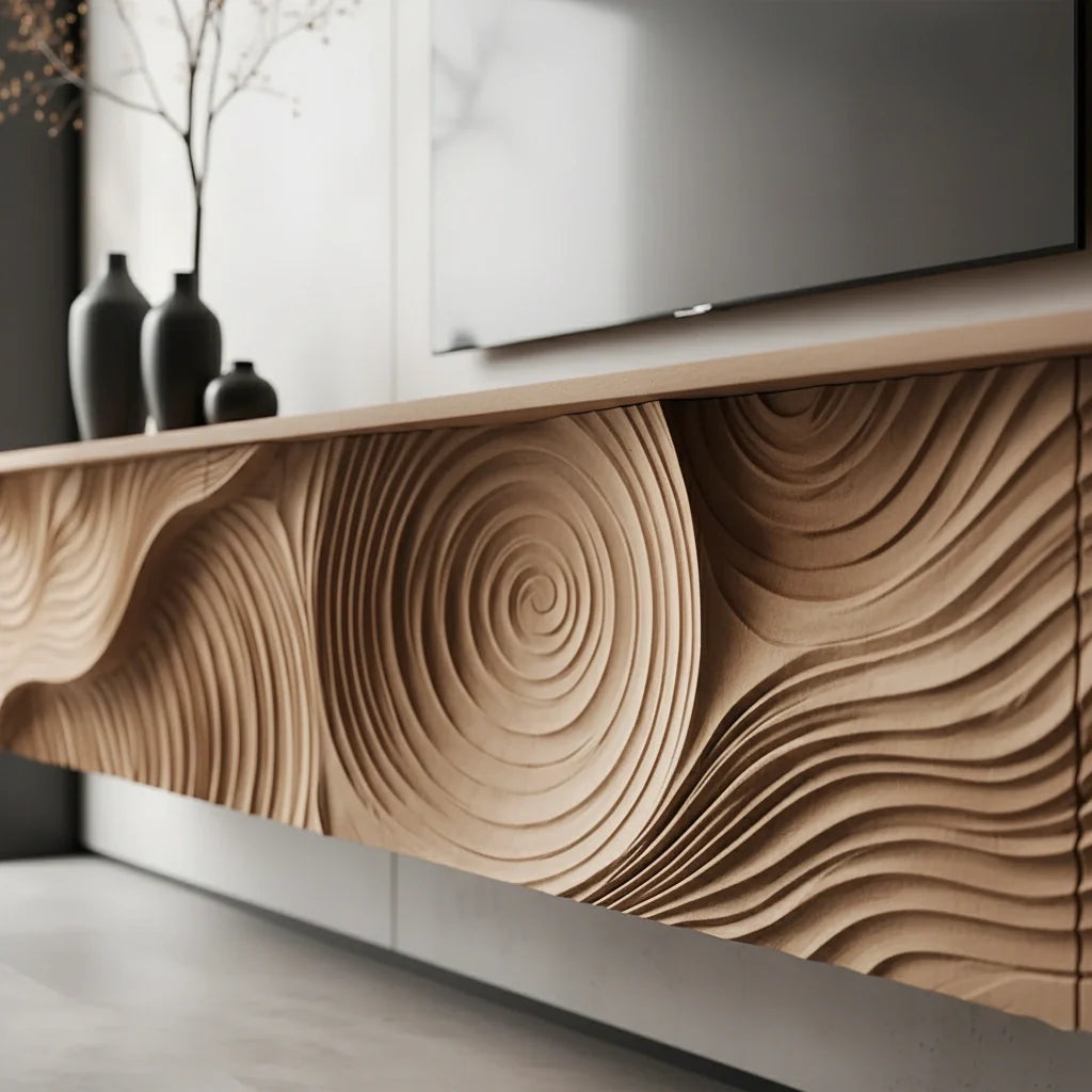 Art-Carved Solid Wood Floating TV Console – Modern Wave Texture Design - Rustira