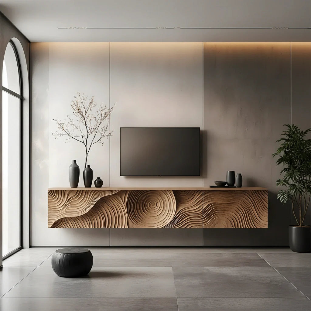 Art-Carved Solid Wood Floating TV Console – Modern Wave Texture Design - Rustira