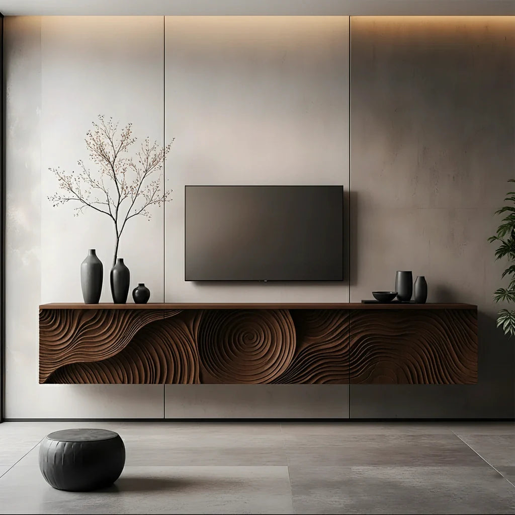 Art-Carved Solid Wood Floating TV Console – Modern Wave Texture Design - Rustira