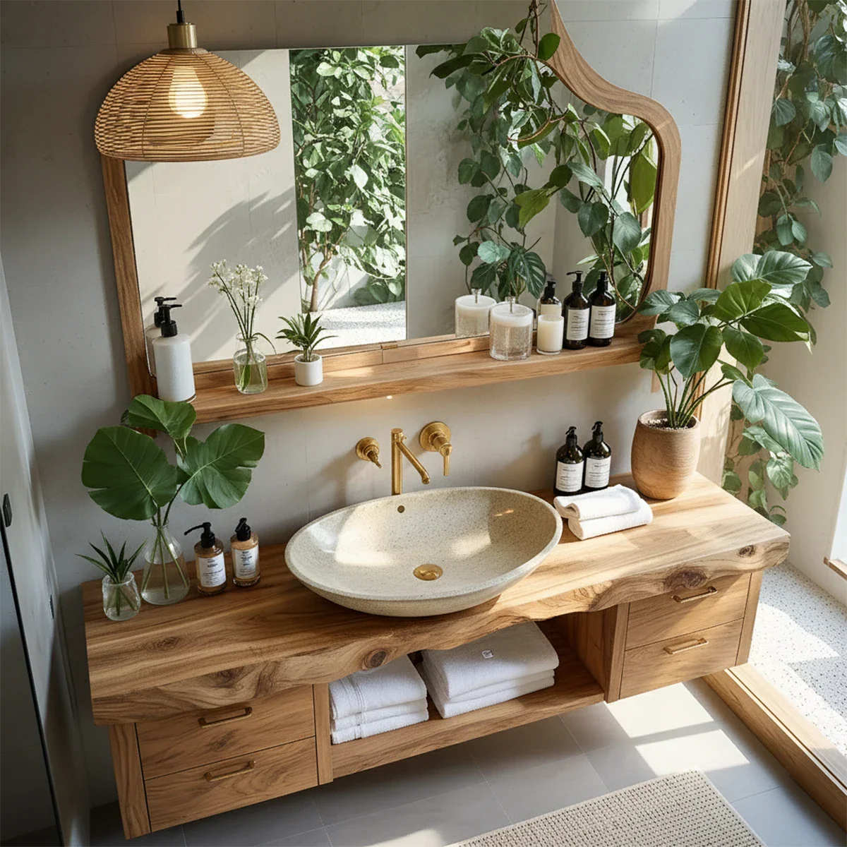 Artistic Live Edge Floating Vanity – Organic Japandi Spa Bathroom Console - Rustira
