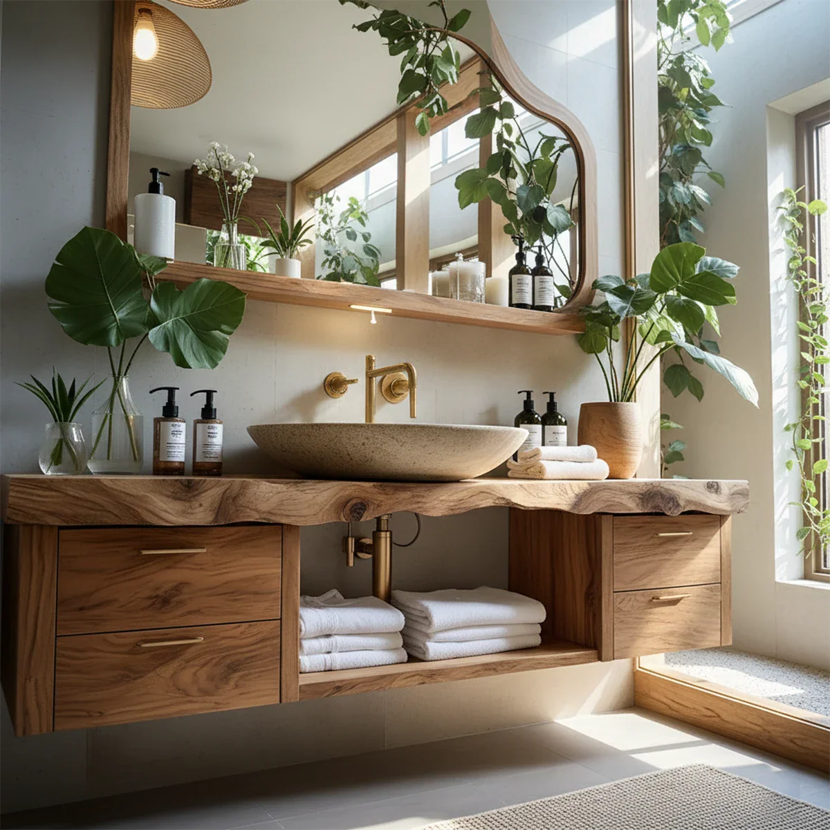 Artistic Live Edge Floating Vanity – Organic Japandi Spa Bathroom Console - Rustira