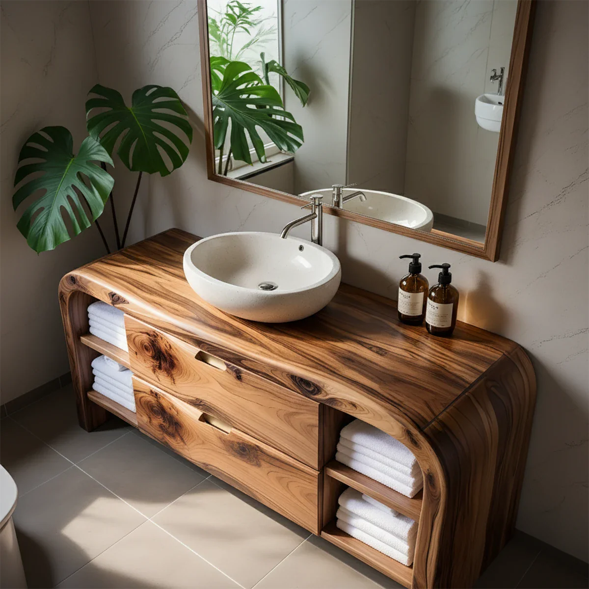 Aurora Bathroom Vanity – Natural Solid Wood Modern - Rustira