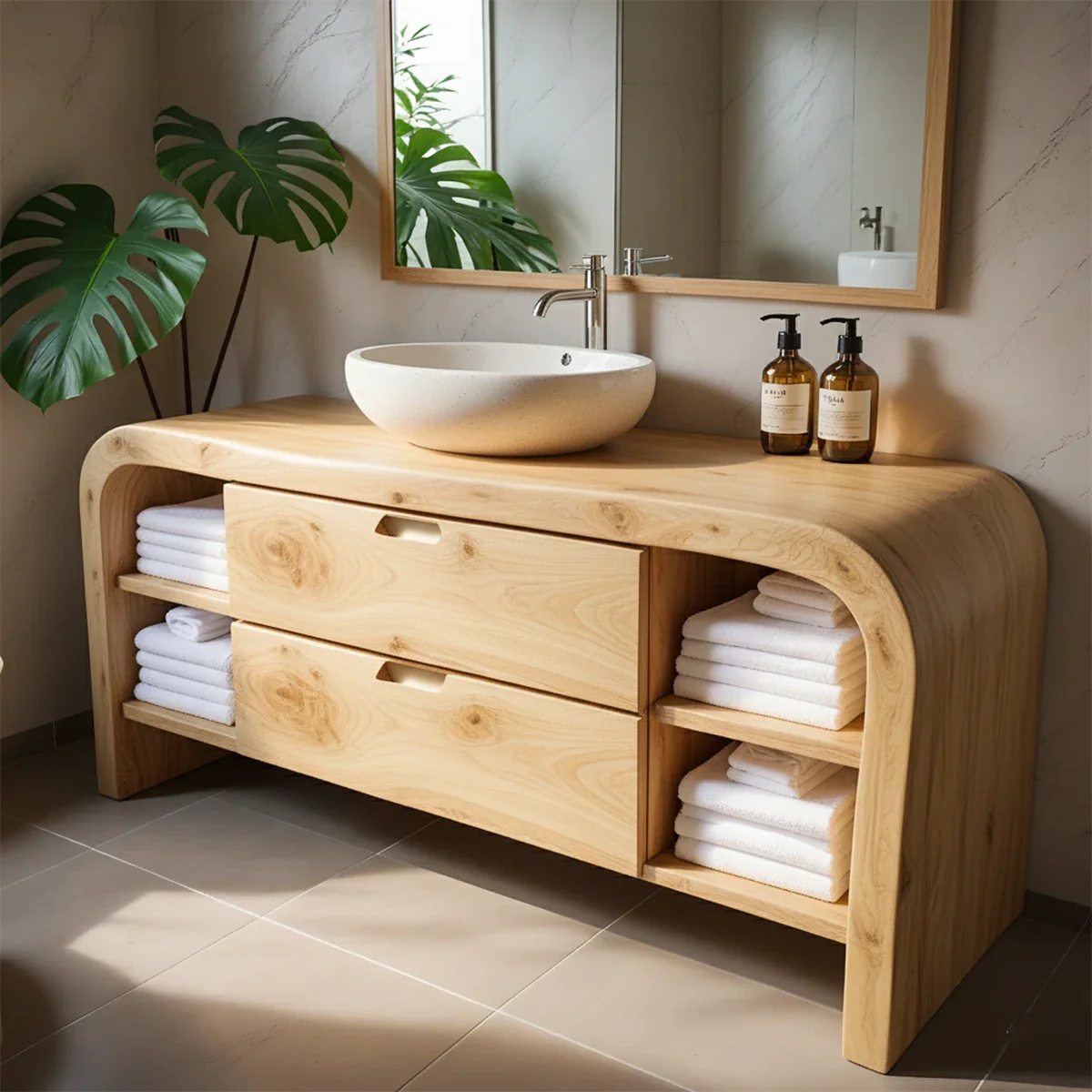 Aurora Bathroom Vanity – Natural Solid Wood Modern - Rustira
